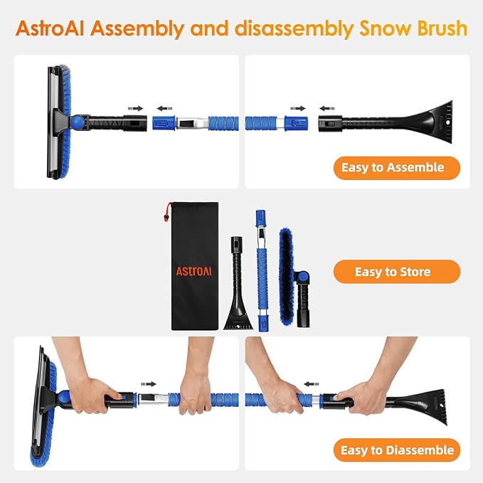 AstroAI 47.2" Ice Scrapers for Car Windshield, 3 in 1 Sturdy Snow Brush with Squeegee, 10 Adjustable Length Settings, Extendable Aluminum Handle, 180° Pivoting Snow Scraper for Car, Truck, SUV(Blue)