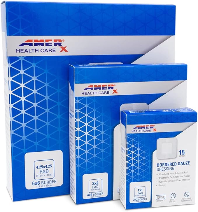 2" x 2" Dressing (1x1 Pad) AMERX Bordered Gauze - Adhesive Bandages - Water Resistant Barrier - Self Adhesive Border - Breathable, Hypoallergenic - 15 Pads Per Box