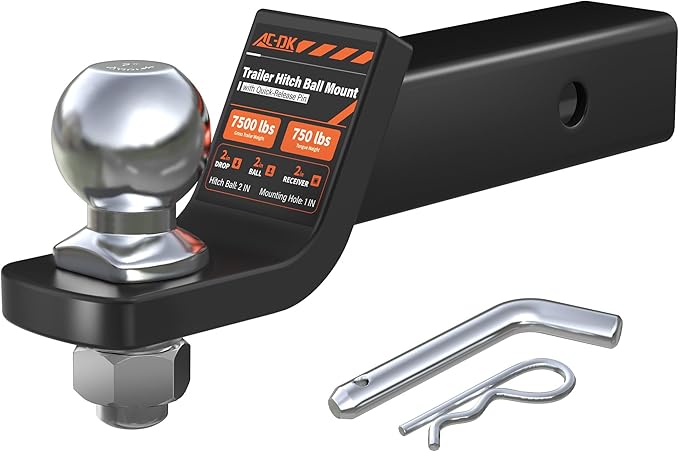 AC-DK Trailer Hitch Mount with 2-Inch Ball & Pin, Fits 2-in Receiver, 7,500 lbs Capacity Ball Hitch, 2" Drop