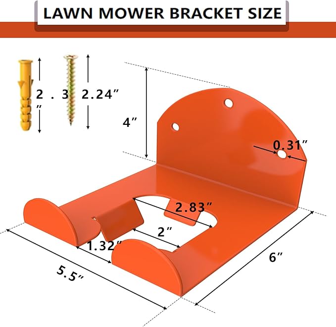 Lawn Mower Wall Mount Bracket 10 Gauge Heavy Duty Steel Powder Coated Orange Garage Storage Organizer Hanger for Most Lawn Mowers with Screws and Plugs Included (1-Pack)