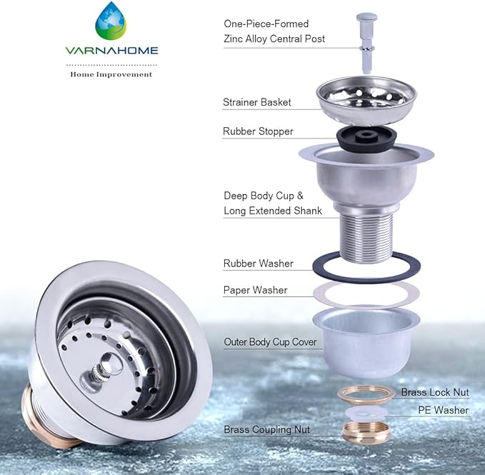 3-1/2 Deep Cup Kitchen Sink Drain Assembly, 304 Stainless Steel Construction With Fixed Post Basket and Long Extended Shank/CAS Approved