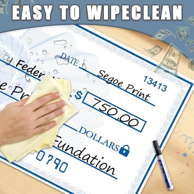 Big Check Giant Check 40x16 Inch Dual-Color Dry Erase Award Chcek | Blue & Black Reusable Ceremonial Plaque for Fundraising & Milestones | Waterproof Laminated Paper