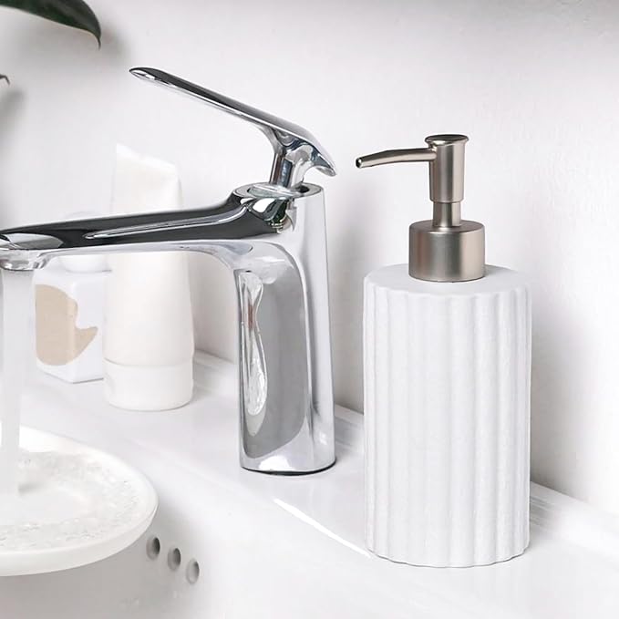 INGOFIN White Soap Dispenser, 10.5 oz Ceramic Lotion Dispenser - Refillable Hand Soap Dispenser Bathroom, Modern Liquid Dish Dispenser with Pump for Kitchen
