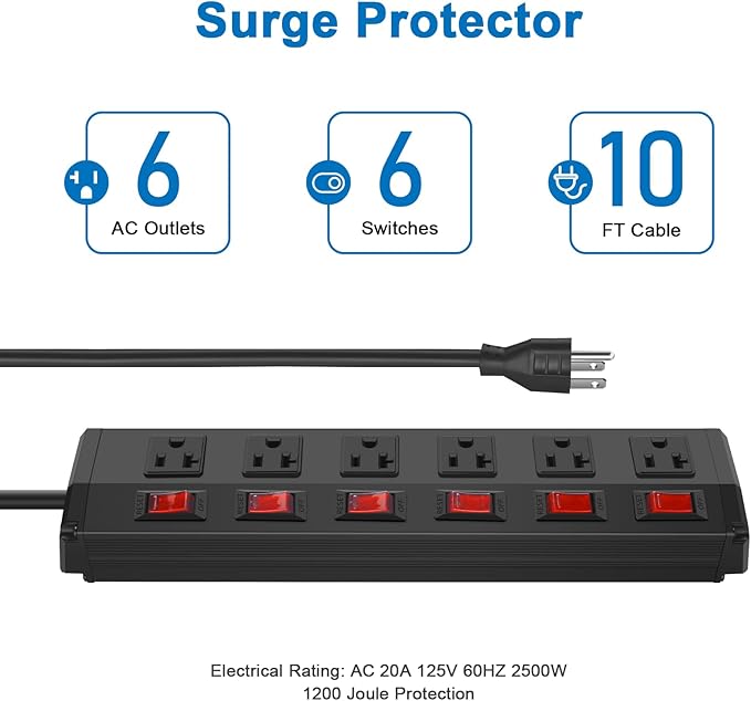 CCCEI Metal Power Strip Individual Switches 6 Outlets, Heavy Duty Power Strip 20Amp Surge Protector for Appliances, 10FT Extension Cord Strip, 1200J Surge Protector 20A 125V 2500W.