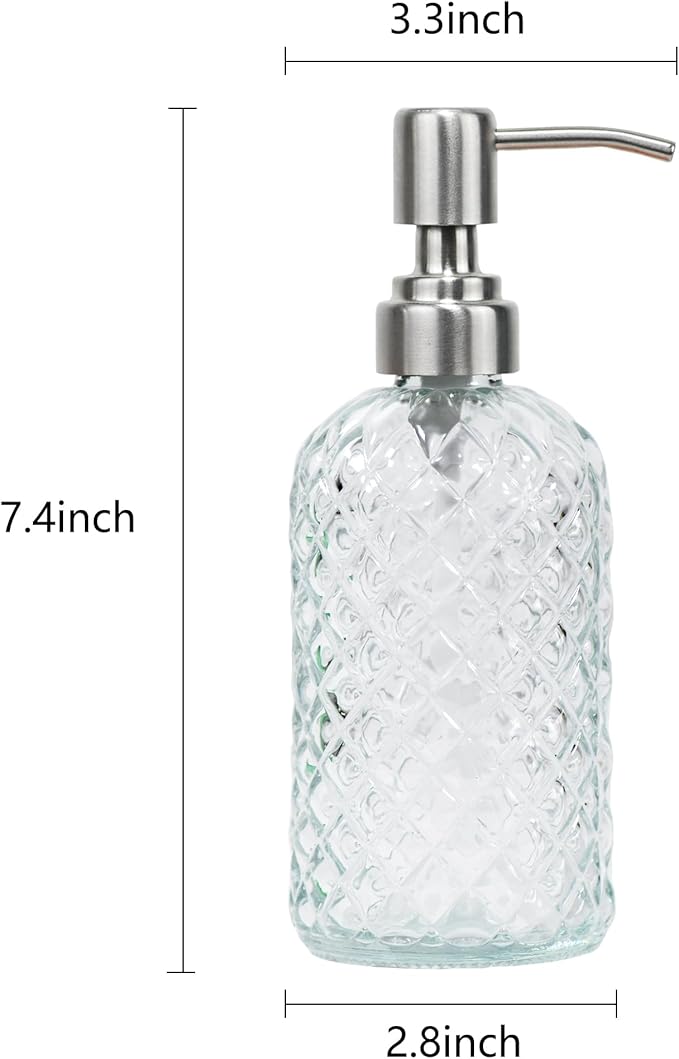 16 Oz Soap Dispenser with 304 Rustproof Stainless Steel Pump, Kitchen, Bathroom Soap Dispenser， Refillable Liquid Glass Soap Dispenser for Hand Soap, Soap, Lotion. (Clear)