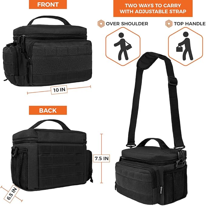 opux Tactical Lunch Box for Men, Black Mens Insulated Lunch Bag for Adult, Leakproof Soft Lunch Cooler with MOLLE Mesh Side Pockets, Multicam Heavy Duty Lunchbox Pail for Work Women, Medium 10 Cans