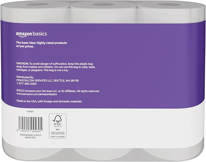 Amazon Basics Soft and Strong 2-Ply Toilet Paper, 6 Ultra Rolls = 24 Regular Rolls, Unscented, 340 Sheet (6 Rolls)