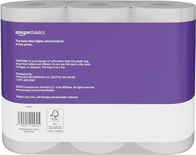 Amazon Basics Soft and Strong 2-Ply Toilet Paper, 18 Ultra Rolls = 72 Regular Rolls, Unscented, 340 Sheet (3 Packs of 6)