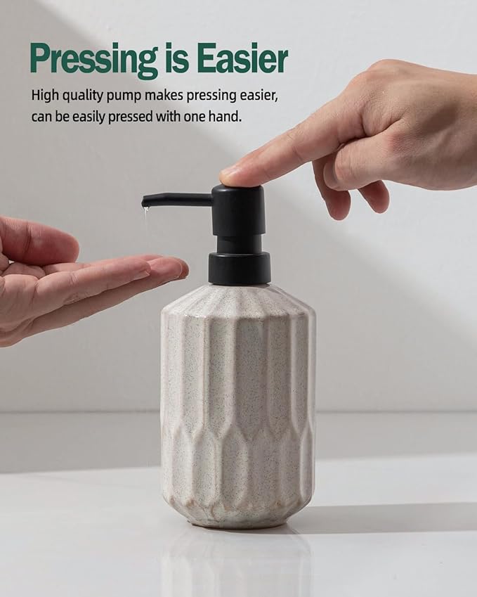 Fun Elements Bathroom Soap Dispenser, 16 Oz Luxurious Hand soap Dispenser for Bathroom, Ceramic Liquid Soap Dispenser for Bathroom Countertop with Plastic Pump, Silicone Funnel (2Pcs Black Pump)