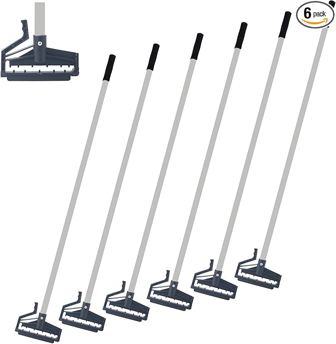 Matthew Easy Trigger Release Mop Handle 60 inch Metal Mop Stick,Commercial Mop Head Replacement Holder for Floor Cleaning,Clip On Mop Handle Quick Change for Wet Mop Head - 6Pack Gray