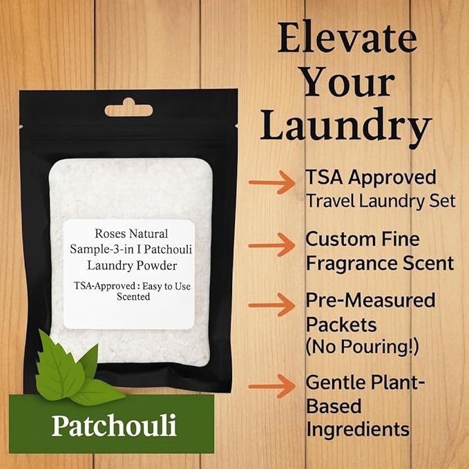 Natural Laundry Powder, Travel Size Laundry Bundle, Sample 3-in-1 Laundry Powder Packets (5), Fabric Softener Crystals(5), Patchouli Scent, Pre-Measured, HE-Safe, Made in the USA