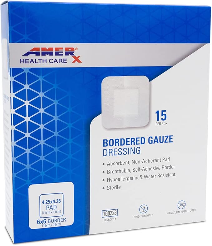 6" x 6" Dressing (4.25x4.25 Pad) AMERX Bordered Gauze - Adhesive Bandages - Water Resistant Barrier - Self Adhesive Border - Breathable, Hypoallergenic - 15 Pads Per Box