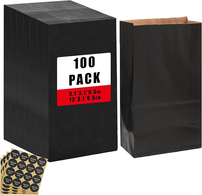 Bakepacker 100 Pcs Black Treat Paper Bags with 100 Stickers 5.1"x3.1"x9.4" Kraft Small Party Gift Bag Snack Bag without Handle