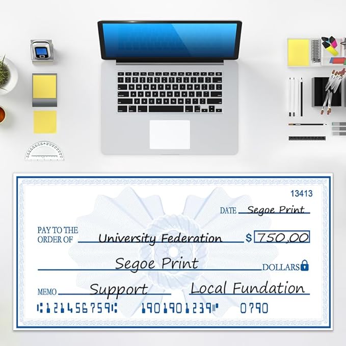 40x16 Inch Giant Check Big Checks for Presentations | Double-Sided Dry Erase Paper Check | Waterproof Laminated Fundraising Sign for Events | Reusable Presentation Sheet(Black/Blue)