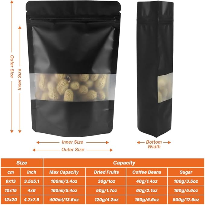 4CP 100 Pcs 4x6 Inch Zipper Smell Proof Bags with Window, Black Stand Up Foil Pouches for Food Selfsealing Storage, Reusable Bag for Packaging Small Business, Cookies, Nunt, Candy