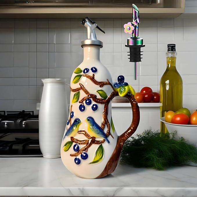 18 oz Hand-Painted Relief Ceramic Olive Oil Bottle Dispenser, with Handle Decorative Olive Oil Dispenser Bottle, for Kitchen Ceramic Oil Vinegar Bottle Seasoning Bottle with Stainless Steel Pour Spout