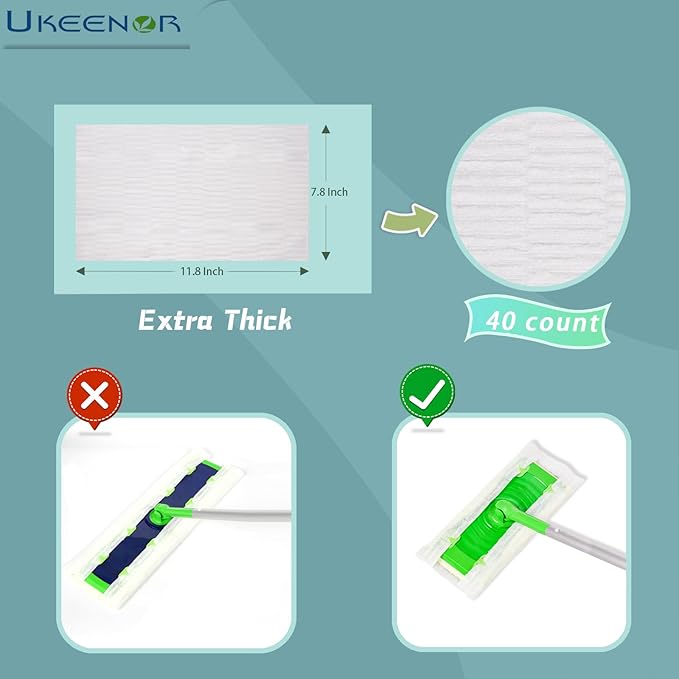Dry Mop Refills 40 Counts Disposable Dusting Cloths Electrostatic Cloths 7.8"x11.8" Extra Thick