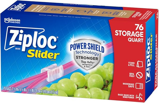 Ziploc Quart Food Storage Slider Bags, Power Shield Technology for More Durability, 76 Count (Packaging May Vary)