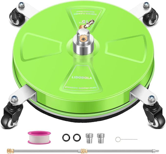 15“ Pressure Washer Surface Cleaner with 4 Wheels - Coated Green Stainless Steel Surface Cleaner for Pressure Washer Attachment for Concrete, Driveway, Patio, Sidewalk, Deck and Driveways - PWS15G