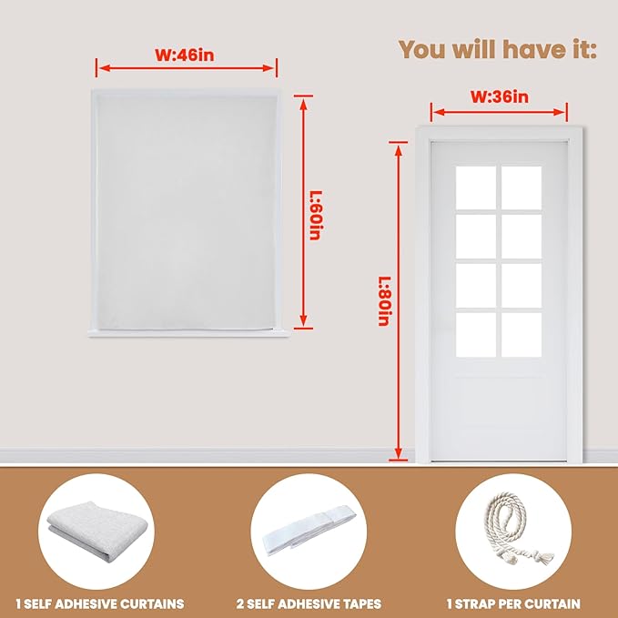 Adhesive Curtain,100% Blackout Shades,No Rod,Easy to Install,Provides Privacy Protection for Bedrooms (Grayish White - W46 × L60 in)