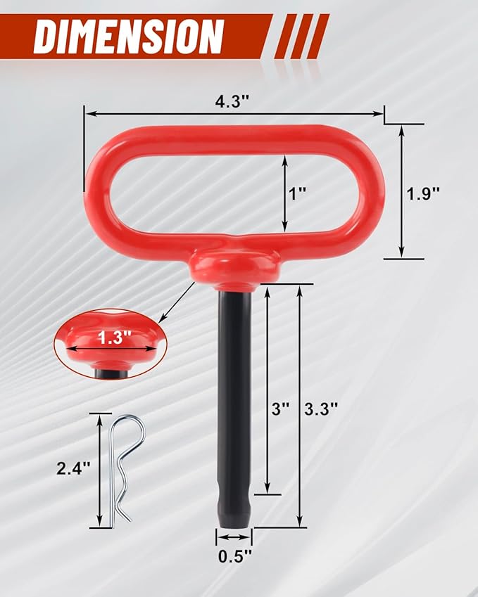 2Pack Hitch Pin, 1/2 x 3 Inch Trailer Hitch Pin with Clip and Rubber-Coated Handle, Strong Heavy Duty Lawn Mower Hitch Pin for Mowers, Tractor Truck, Towing Cargo, ATV (Red)