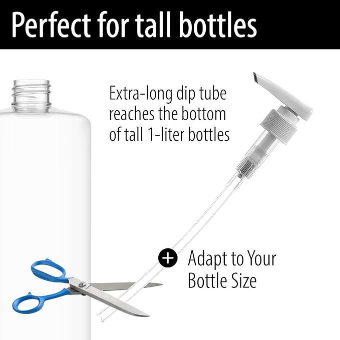 Shampoo & Conditioner Pumps for 1 L / 33.8 oz Bottles | Fits 1″ Neck | Replacement Dispenser Pump Top for Soap, Lotion & Body Wash (4-Pack White + Black (Dosa))