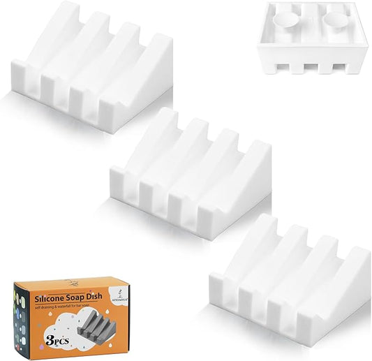 Silicone Soap Dish with Drain, Upgrade Double Suction Cups at The Bottom for Anti-Slip and Stability, Soap Dish Shower Waterfall Bar Soap Holder Tray with Drain Soap Holder (3, White)