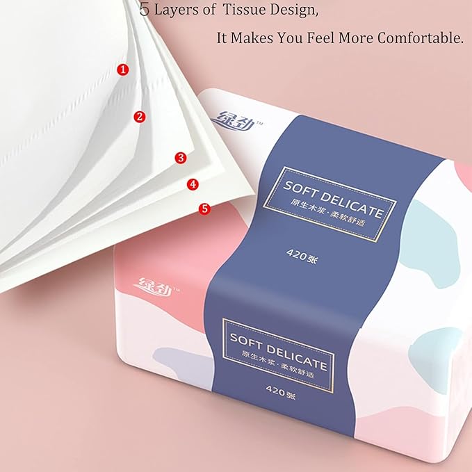 6 Packs Small Disposable Facial Tissues, Facial Napkins, Toilet Paper, Material Native Wood Pulp Fiber NOT COTTON, White Facial Paper, 5-Ply, 420 Sheets per Pack