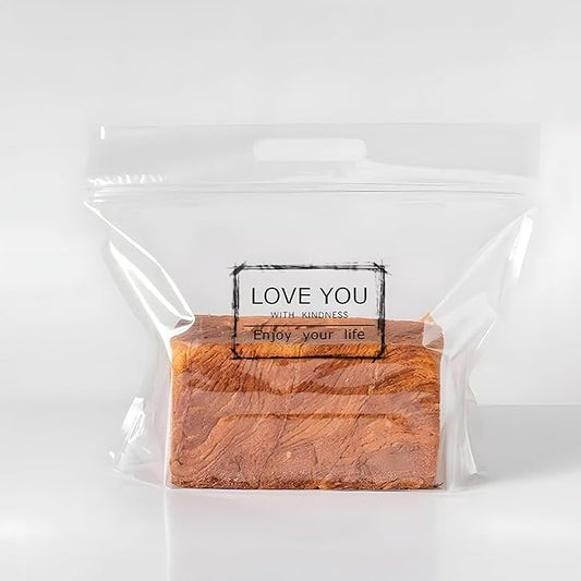 50 pcs 9 Inch Large Clear Bread Plastic Bags with Handle, Sealing Zipper Loaf Packaging with 'Love You' for Homemade Bread Cookie, Bakery Cafe