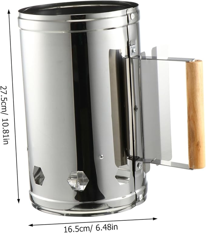 Outdoor Charcoal Chimney Starter Barrel with Heat-Resistant Wooden Handle BBQ Fire Starter for Quick Ignition Suitable for Grilling Camping Tailgate and Outdoor Cooking