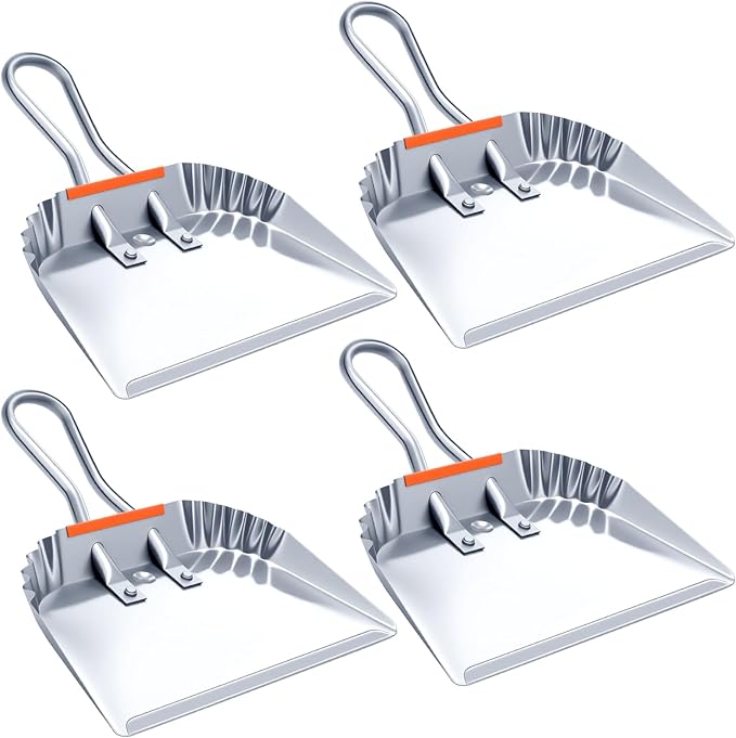 Mumufy 4 Pack Industrial Metal Dustpan 12" Heavy Duty Dust Pan with Handle Handheld Dustpan Wide Scooper Dust Debris Sweeping Tool Precision Edge Ideal for Cleaning Indoor Outdoor Surfaces (Silver)