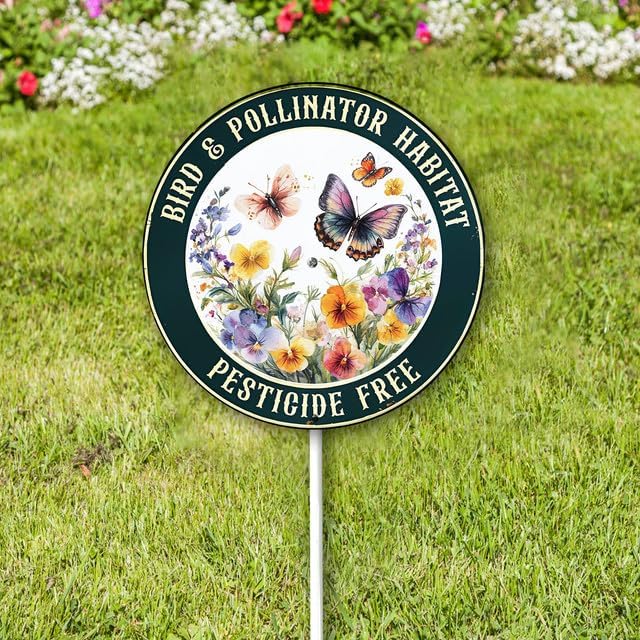 Bidesign Round (9.2X9.2) IN Bird And Pollinator Habitat Pestiside Free Yard Sign with Stake Rustproof Aluminum Butterfly Lawn Signs Stand for Home Garden Yard Decorations Outdoor