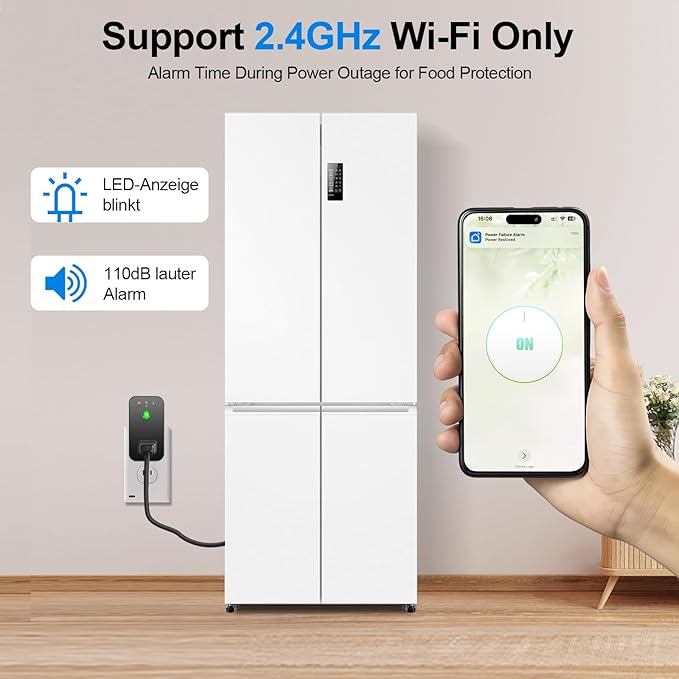 Power Failure Alarm WiFi, 110dB Loud Freezer Smart Power Outage Alarm with LED Indicator, 3 Volume Levels & Voltage Detection, Socket Expansion, App Alerts, for Refrigerator, Sump Pump, Aquarium