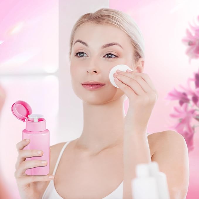 2 Pack Pink Push Down Pump Dispenser - Nail Polish Remover Pump Empty Refillable Bottle Containers for Makeup Remover Micellar Water Facial Toner, 200ml 6.7oz