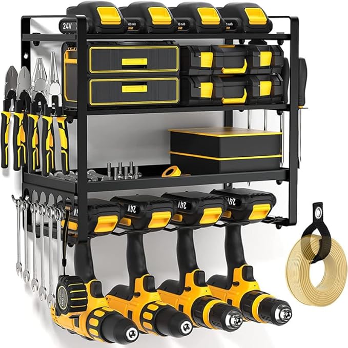 Garage Power Tool Storage System, Wall Mounted Power Tool Storage Organizer, Heavy Duty Power Tool Organizer, Power Tool Rack. Load capacity is 150 lbs, black rust resistant with 8 hooks.