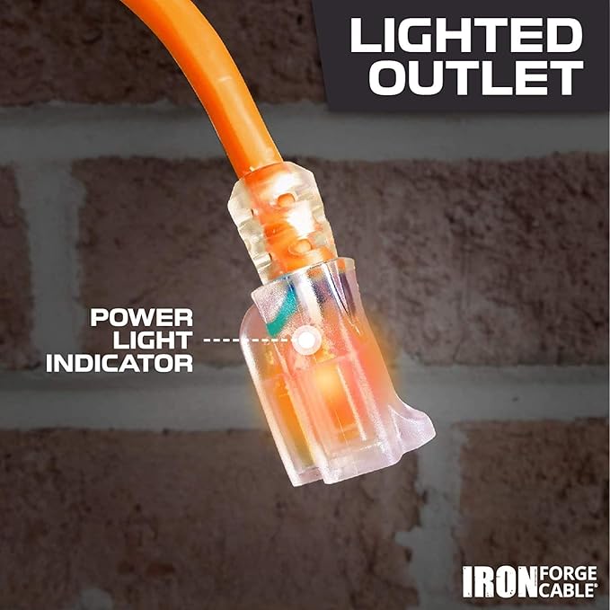 Iron Forge Cable Weatherproof 25 Ft Outdoor Extension Cord - 14/3 SJTW 15 Amp Heavy Duty Orange Extension Cord 3 Prong - Lighted End