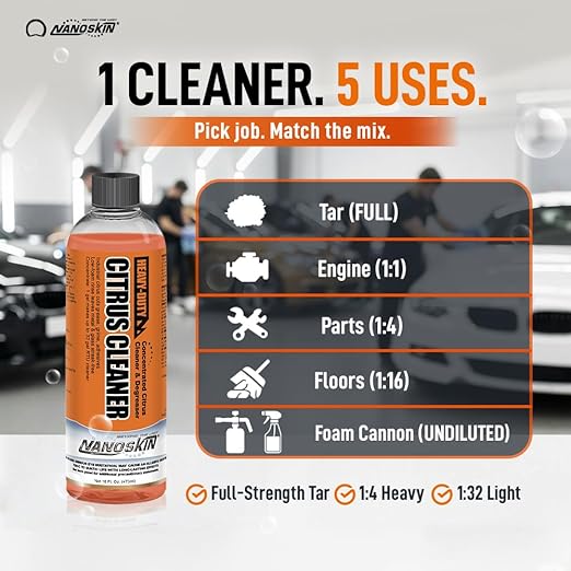 Nanoskin Heavy-Duty Citrus Cleaner & Degreaser Concentrate 5 Gallon, Low-Foam Solvent, Dilutes up to 1:32, Cuts Grease Tar Adhesives, Safe on Metal Concrete Engines, For Auto Detailing, Shop & Home