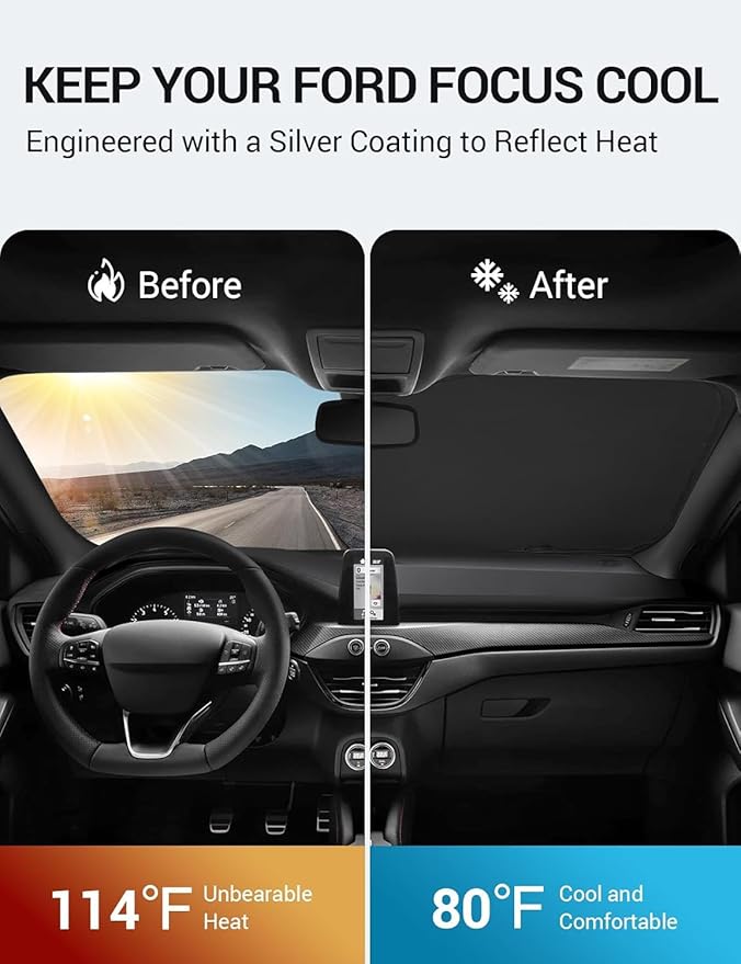 Proadsy Custom Fit 2012-2018 Ford Focus S, RS, ST, SE, SEL, Titanium, Electric Sedan Hatchback Windshield Sun Shade 4-Layer Foldable Front Sunshade Protector Sun Visor Blocks UV Rays Keep Car Cooler