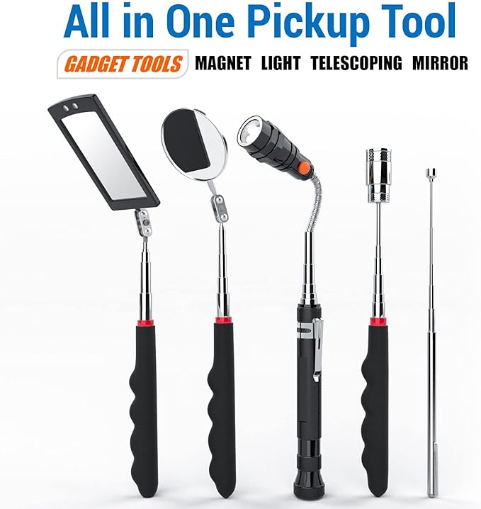 Telescoping Magnetic Pick Up Tool with 1lb& 15lb Pickup Rod, Round& Square 360 Swivel Adjustable Inspection Mirror, Flexible LED Flashlight, Christmas Gifts Stocking Stuffers for Men, Teen Boys, Him