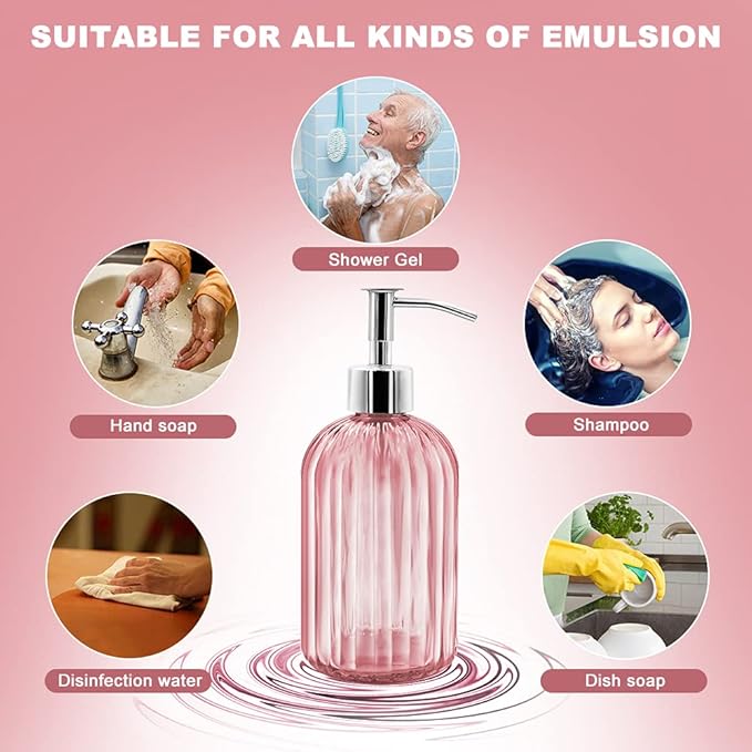 2 Pack Pink Glass Soap Dispenser Bottle with Pump, 14 Oz Refillable Liquid Hand Jar Dispenser for Bathroom, Countertop, Kitchen, Laundry Room