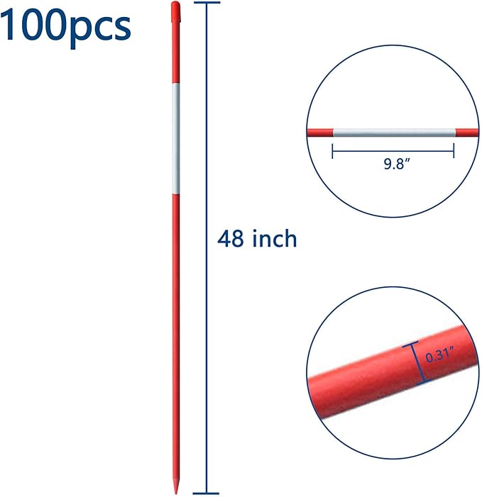 48" Inch Snow Stakes Driveway Markers Poles Snow Plow Stakes Fiberglass 5/16 Inch Diameter Red with 9.8" Reflective Tape Replacement for Driveway Mark Snow Plow Parking Lots 100pcs