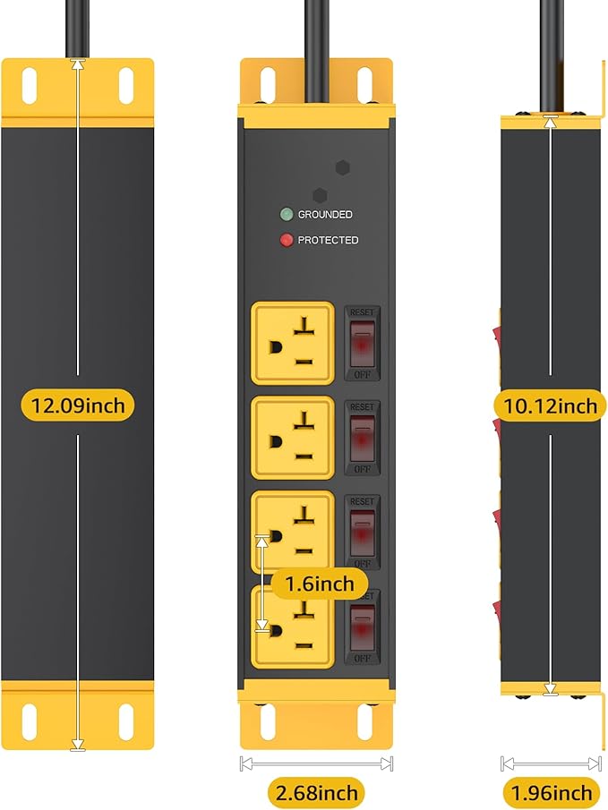CCCEI Heavy Duty Surge Protector Power Strip 20 Amp Individual Switches. 15FT 12 Gauge Extension Cord with Multiple Outlets. Kitchen, Garage, Shop, Industrial Wall Mount Electric Extender, Yellow.