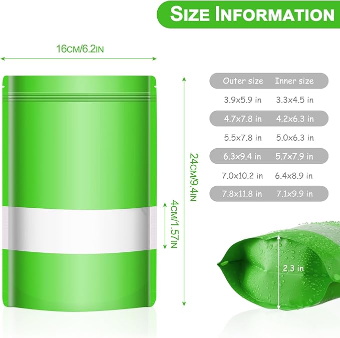 100 Pack Smell Mylar Proof Bags for Food Storage, Resealable Packaging Bags for Small Business, Stand Up Foil Pouches Reusable Heat Sealable Bags with Clear Window (Green, 6.3x9.4 In)