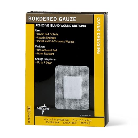 Medline Sterile Bordered Gauze Adhesive Island Wound Dressing, 4" x 5" with 2" x 2.5" Pad - Count of 15