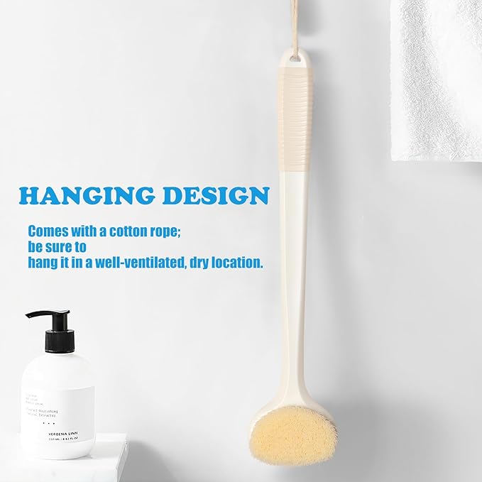 VANZAVANZU Back Scrubber for Shower, Bath Brush with 17-Inch Long Anti-Slip Handle, Wet and Dry Brushing Body Brush for Body Cleansing, Back Brush for Men and Women (Cream White)