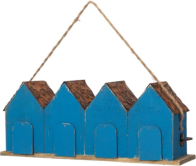 Glitzhome 17" L Distressed Solid Wood Birdhouse with Perch Decorative Garden Hanging Bird House for Outdoors,Retro Blue