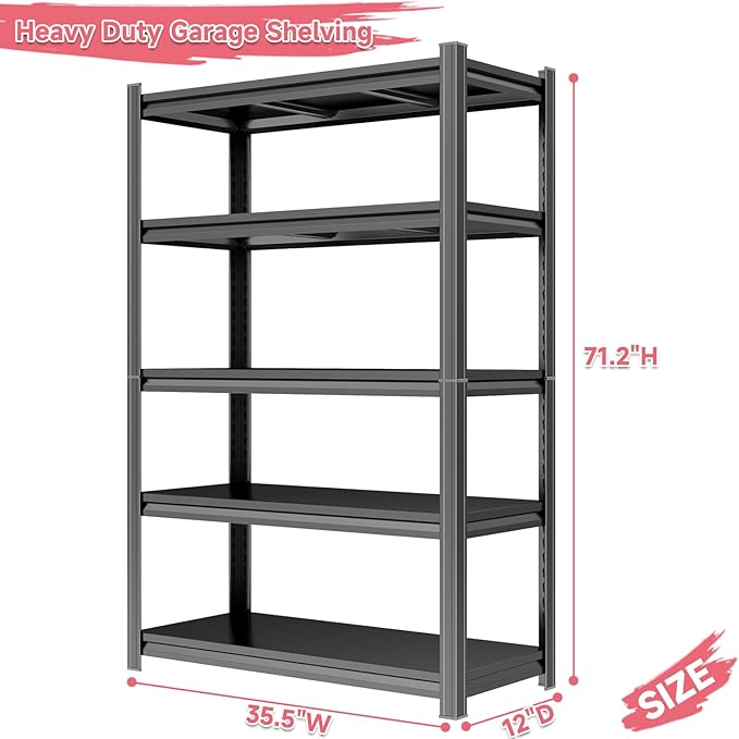 71.2"H 5-Tier Adjustable Storage Shelf, Steel Shelving, 2500 lbs Capacity, Heavy Duty Metal Garage Shelving Unit, Industrial Shelves for Heavy Tools and Equipment, Ideal for Garage, Basement, Black