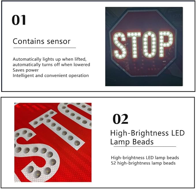 17.7" LED Stop Slow Paddle - Double-Sided Reflective Handheld Traffic Sign with Steady/Flashing Light Modes, Durable Rustproof Aluminum, Essential Safety Tool for Road Work and Events