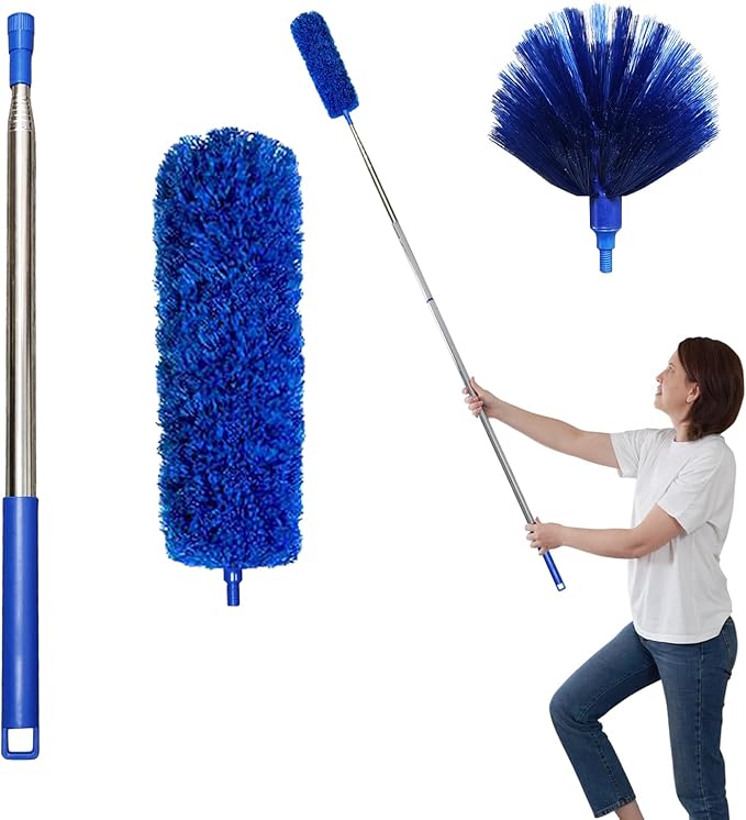 Cobweb Dusters with Extension Pole 100-inch, Spider Web Brush & Ceiling Cleaning Kit, Washable Cleaning Duster Kit with 2 Duster Heads, Cobweb Duster, Corner Brush for Ceiling Fan, Furniture, Home
