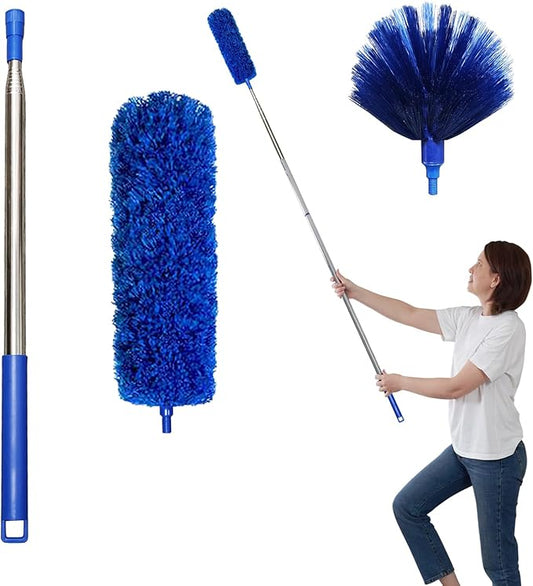 Cobweb Dusters with Extension Pole 100-inch, Spider Web Brush & Ceiling Cleaning Kit, Washable Cleaning Duster Kit with 2 Duster Heads, Cobweb Duster, Corner Brush for Ceiling Fan, Furniture, Home